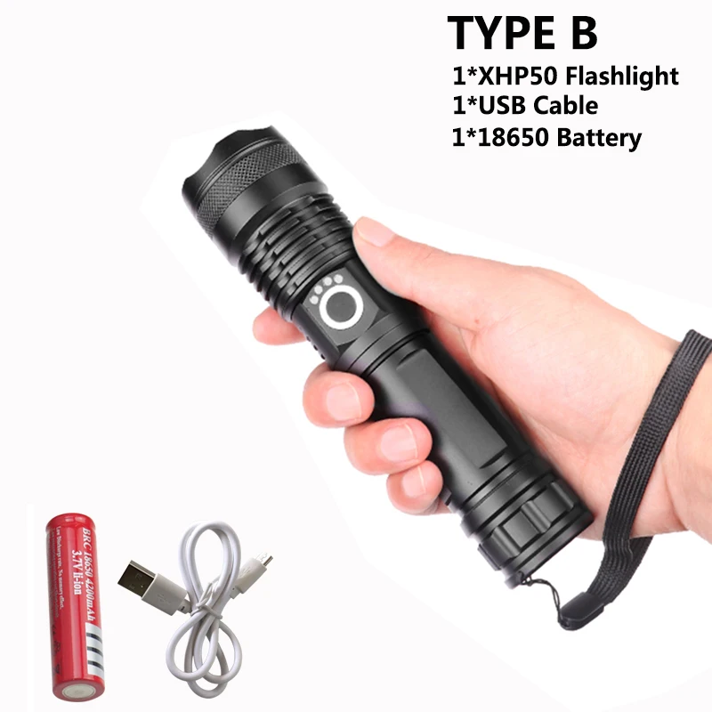 TYPE B Ультра яркий фонарик xhp50.2 USB фонарик Zoom СВЕТОДИОДНЫЙ Фонарь xhp50 светодиодный фонарик 18650 или 26650 перезаряжаемый аккумулятор для охоты - Испускаемый цвет: TYPE B