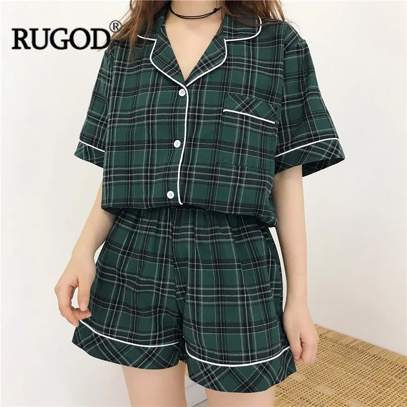 Зеленый RUGOD Новая Винтажная клетчатая пижама, женская модная рубашка с коротким рукавом+ шорты, комплект из двух предметов, одежда для сна, Повседневная пижама - Цвет: Зеленый