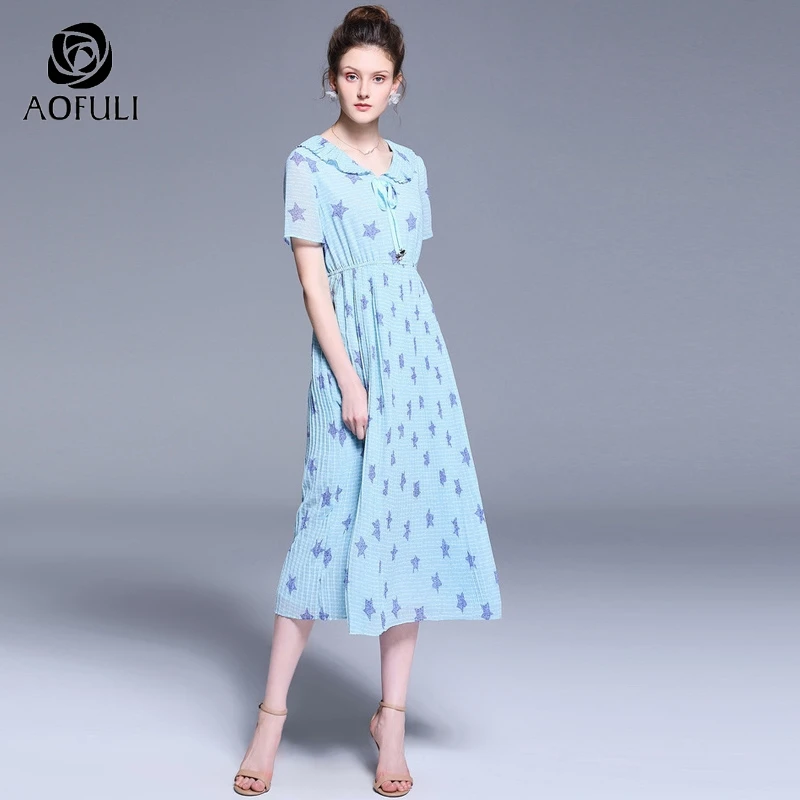 Женское плиссированное платье AOFULI Boho синее средней длины с коротким рукавом и