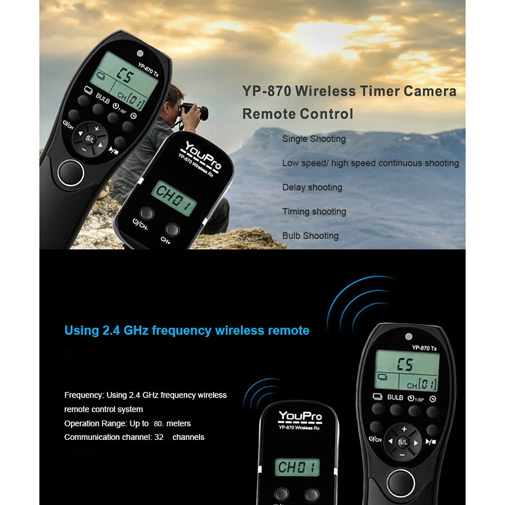YouPro YP-870 DC2 ЖК-Таймер спуска затвора 32 канала 2 4G беспроводной пульт дистанционного