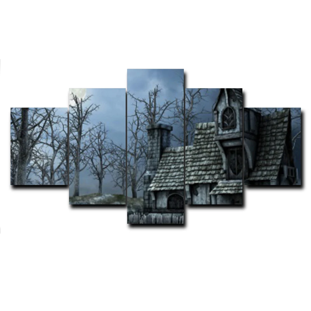 5 панельный Ночной пейзаж деревья дом винтажная стена Artworkwork Холст Картина маслом