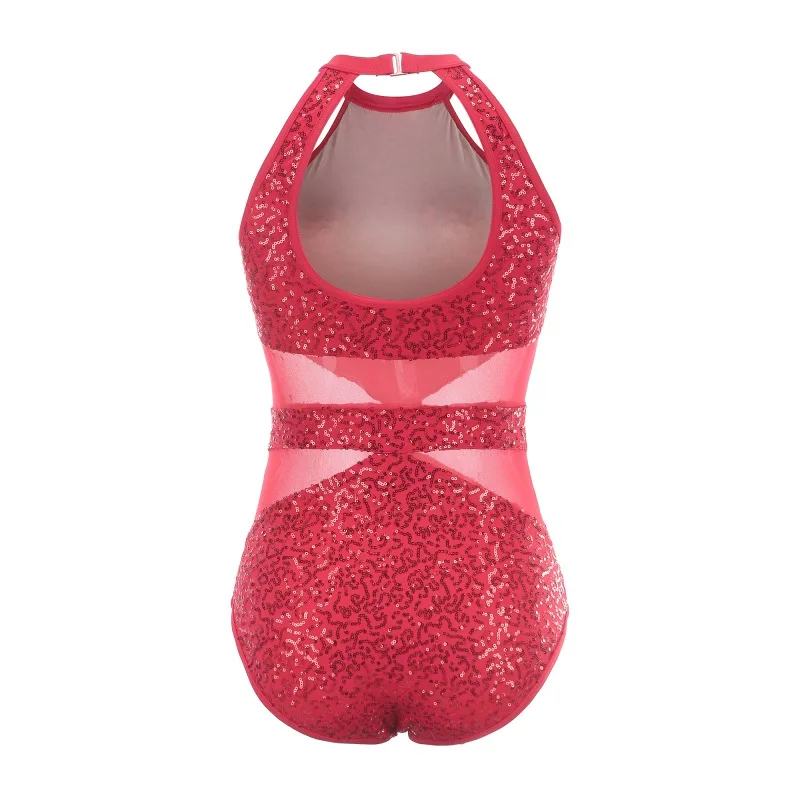 Sequins Mesh Splice Body Suit For Dance Ballet Gymnastics Girls Dancing Clothes Practice Dance Clothes Red Sliver Black