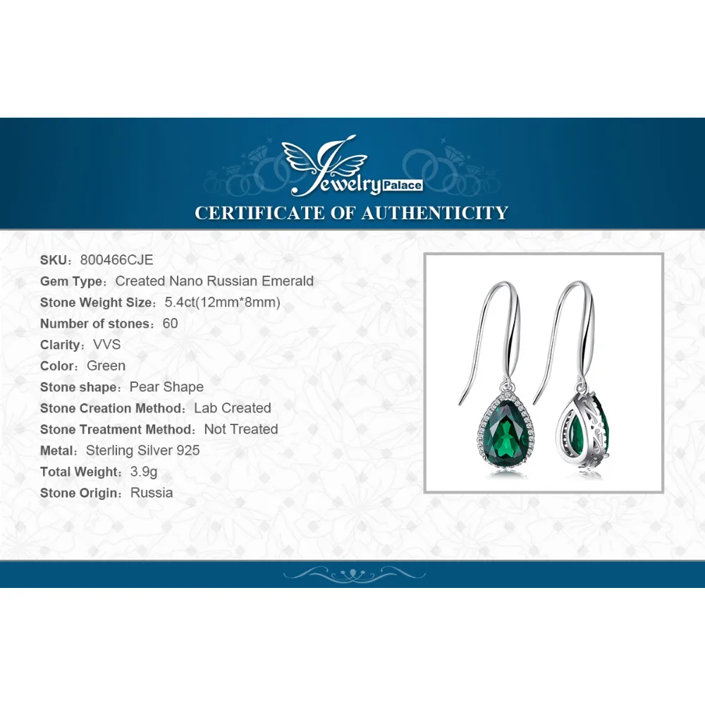 Jewelrypalace груша 5.4ct создания Изумрудный Длинные висячие серьги Твердые 925