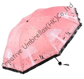 

Imitation paradise ,three fold, lacing fringe,hand open,windproof,bag parasol,UV protecting,black coating,lovers parasols