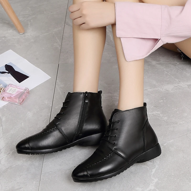 ZZPOHE Fashion Genuine Leather Women Boots Women's Soft Flat Ankle Shoes Femme Ladies Warm Snow Winter | Обувь