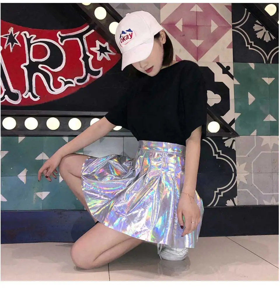 Женская мода Harajuku юбка в складку из искусственной кожи короткая голографическая юбка Уличная Сексуальная Высокая талия мини юбка для девочек
