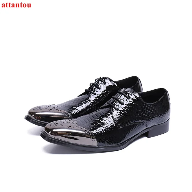 

Hot Sale Fashion Lace Up Men Leather Shoes Black Snakeskin Square Toe Male Casual Shoes Concise Office Feast Formal Dress Shoes