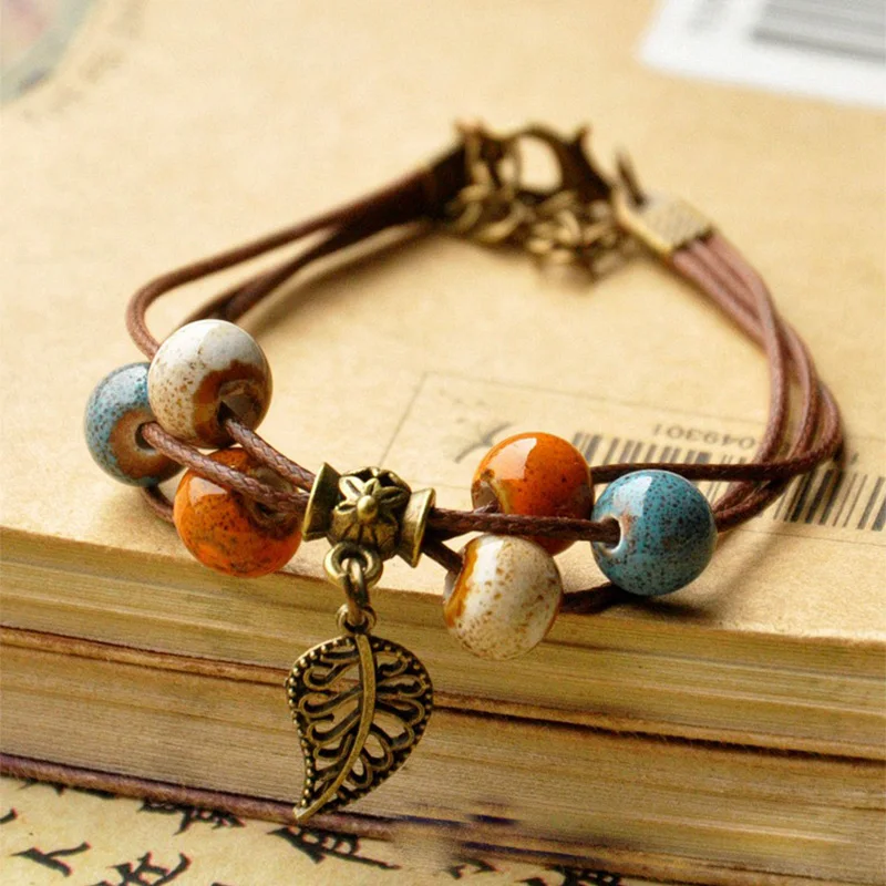 

Beaded Bracelets Women Men Ceramic Beads Leaf Charm Multilayer Leather Chain Cuff Bangle Adjustable Wristbands Bohemia Jewelry