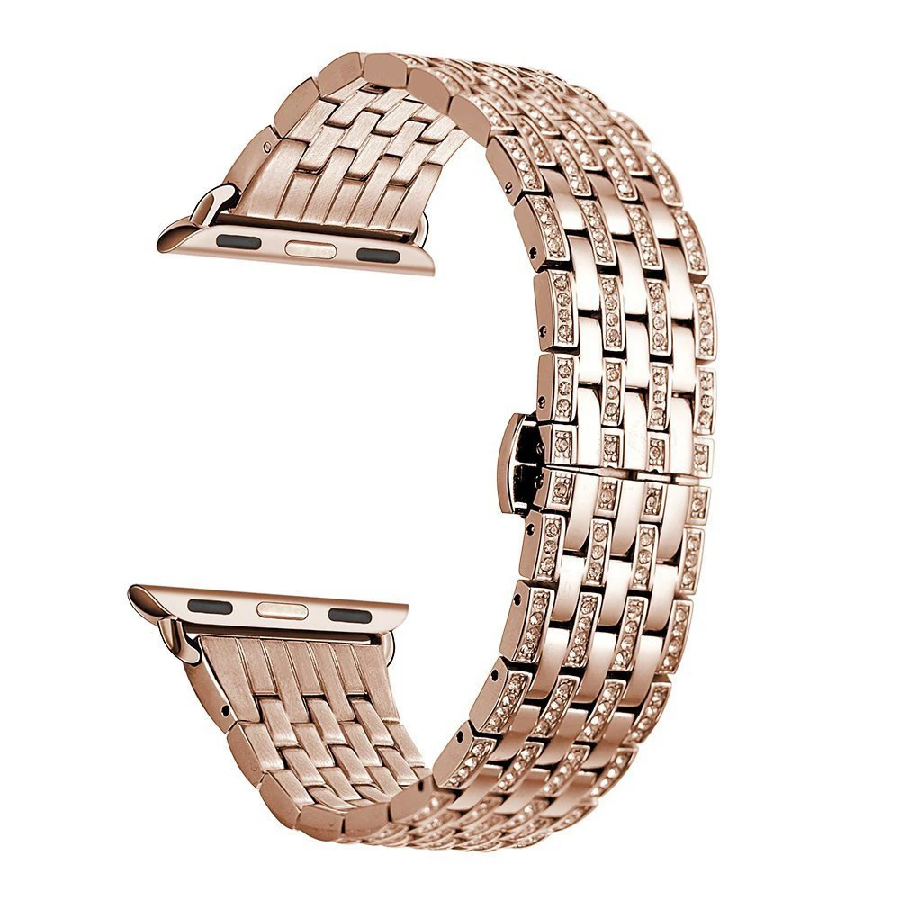 rose-gold Роскошный металлический чехол со стразами для Apple Watch Series 5 4 3 2 ремешок из нержавеющей стали для iWatch браслет 38 42 мм 40 44 мм - Цвет ремешка: rose-gold