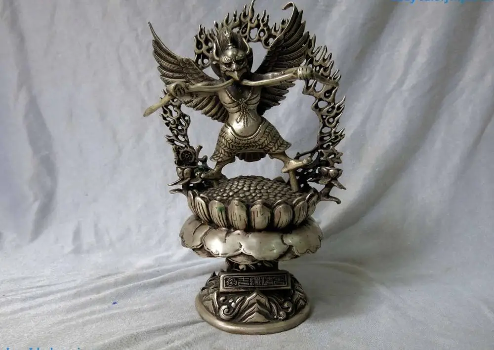 

10" China silver Buddhism Lotus seat Golden-winged Mirs buddha Sculpture Statue