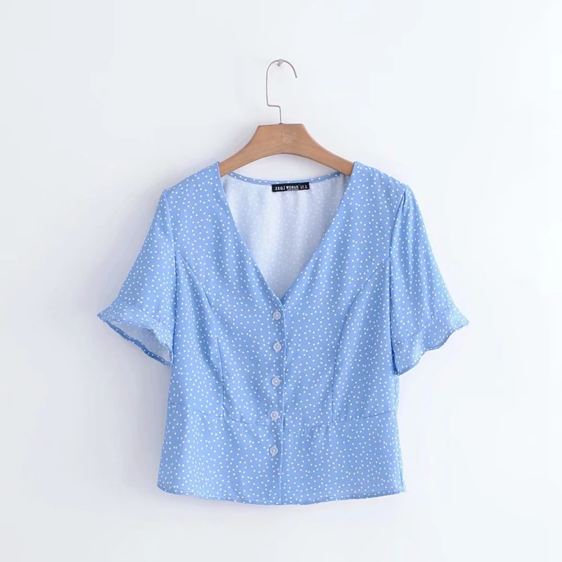 Boho женские топы и блузки пуговицы винтажные футболки с точками рюшами корейские