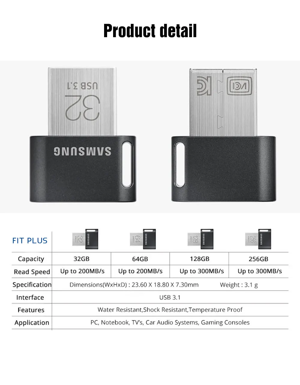 USB флеш-накопитель SAMSUNG FIT Plus 32 ГБ, 64 ГБ, 128 ГБ, 256 ГБ, флеш-накопитель USB3.1, крошечная карта памяти, запоминающее устройство, u-диск, мини флеш-накопитель