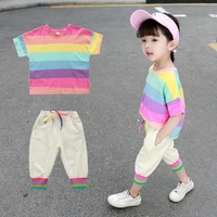 little girls rainbow suit toddler clothing baby colorful striped short sleeve t shirtpant 2pcs casual girls clothes set 2 7yrs