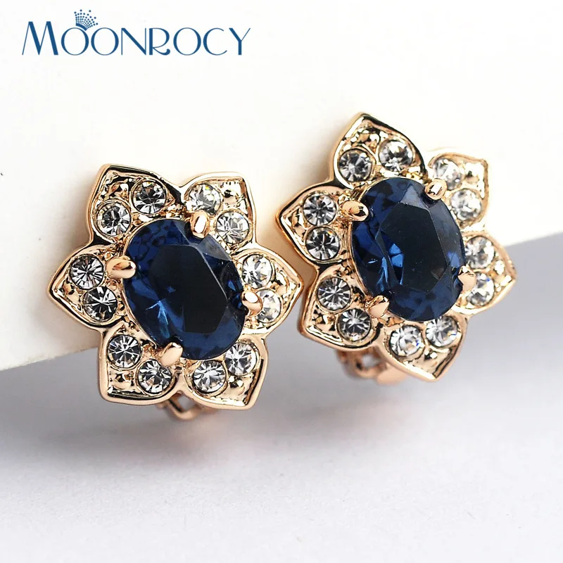 MOONROCY Free Shipping Italina Fashion Zirconia Rose Gold Color Red Blue Purple Green Crystal Earrings Clip Gift | Украшения и