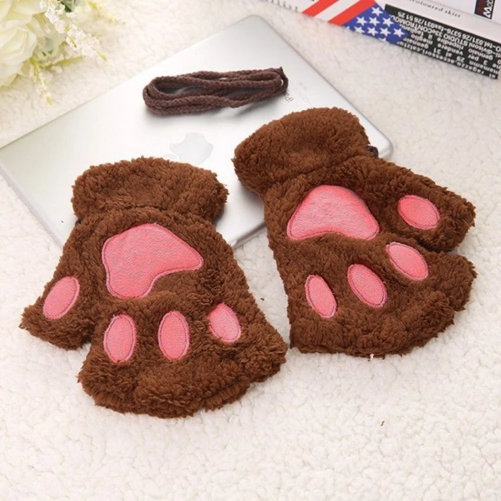 Милый пушистый медведь/кошка плюшевые теплые мягкие половина покрыта перчатки