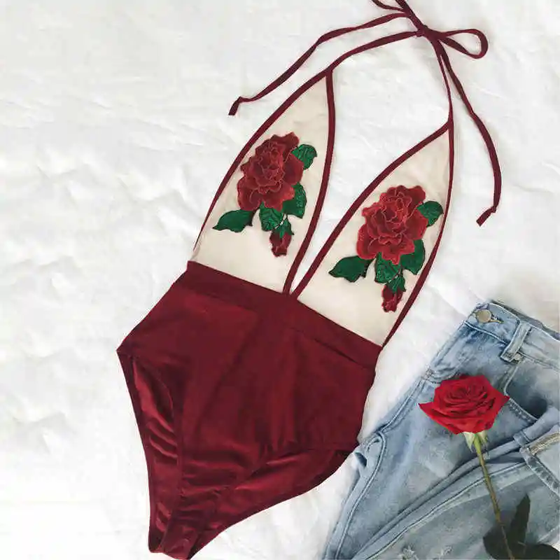 New Sexy Summer Floral Embroidery Swim Wear Halter Sexy Women Swimsuit Push Up Bikini High Waist One Piece Monokini Swimwear