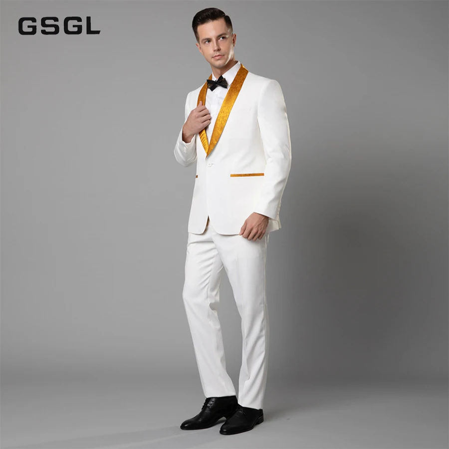 Men's 2 Pieces Suit Shawl Lapel Tuxedo Suits Formal Golden Jacquard Jacket Pants White Suit Set