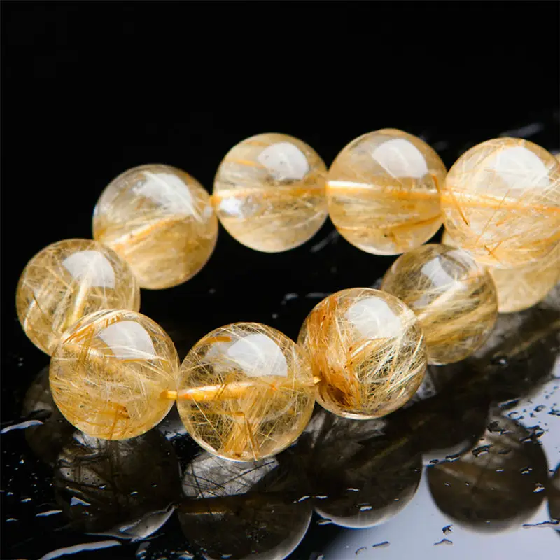 15мм подлинных природных титана желтого золота Rutilated Кварцевый Круглый бисера