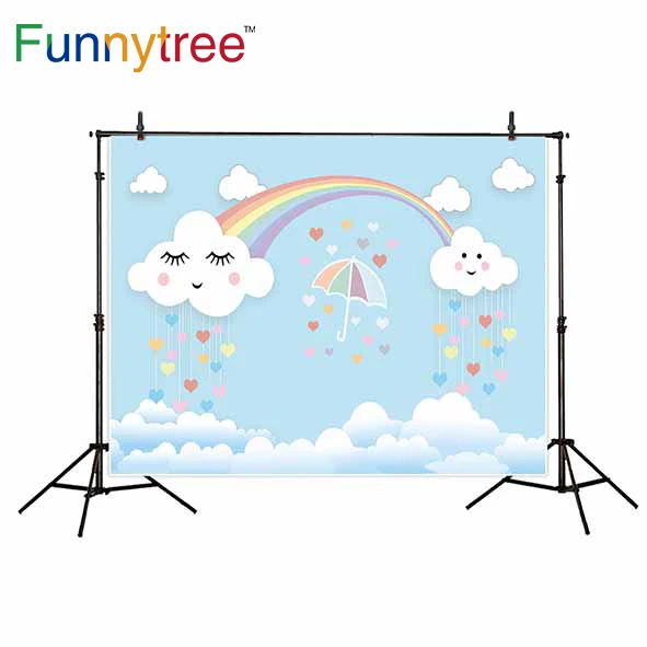 Фон Funnytree для фотостудии мультфильм Радуга облако небо красочные сердца зонт
