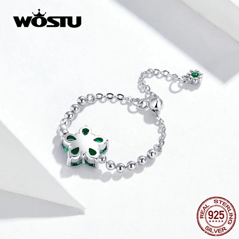 WOSTU, настоящее 925 пробы, серебряные Регулируемые кольца, уникальный зеленый цветок, CZ цепь, кольца для женщин, модное ювелирное изделие CQR532