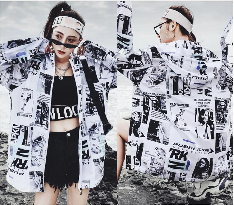 

Summer Hip Hop Jacket Fashion Hooded Sun Protection Jackets Women Harajuku Street Dance Vintage Basic Coats