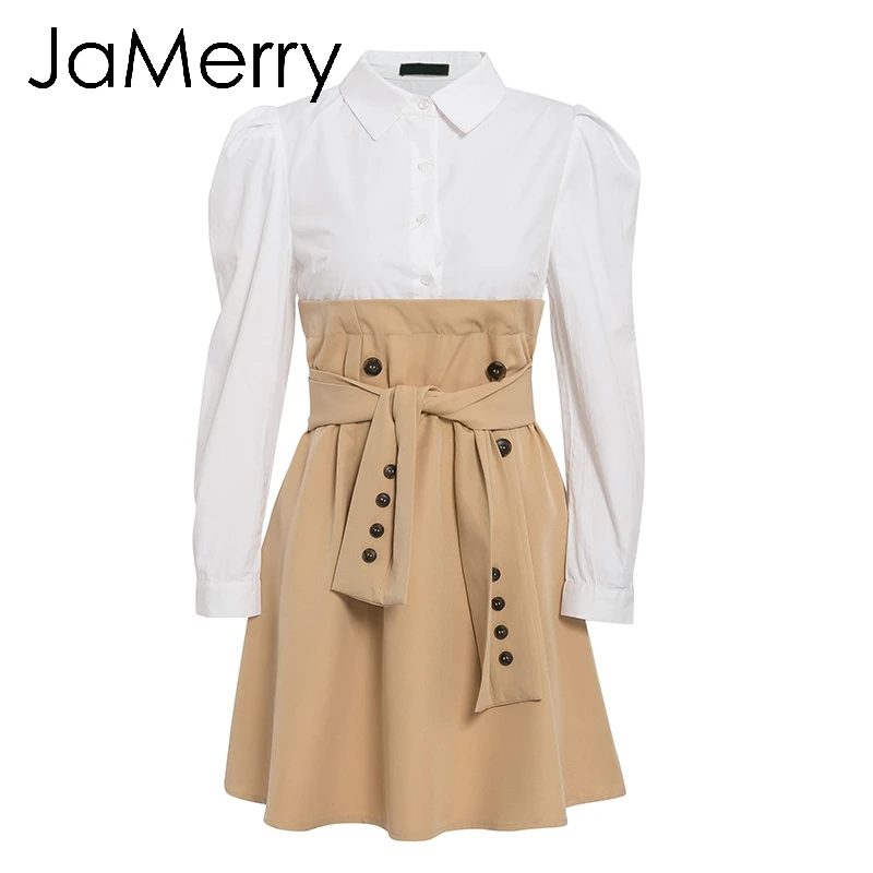 Хаки JaMerry, винтажная Лоскутная блуза рубашка, платье, женское, элегантное, с высокой талией, на пуговицах, с поясом, для офиса, для девушек, платье с пышными рукавами, осенние платья - Цвет: Хаки