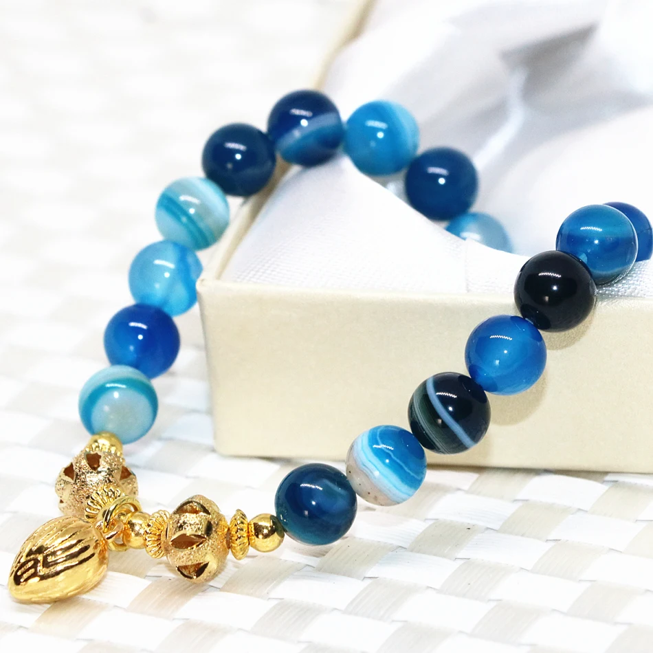 Мода 8 мм синий венок нитка круглых бусин Браслеты Натуральный Сердолик Оникс