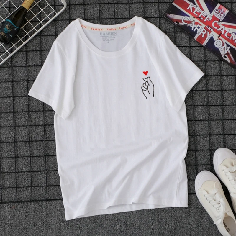 WSFS T Shirt Women Summer Short Sleeves Tee Shirts Top Harajuku cute heart print Tshirt Cotton Ulzzang T-shirt Plus Size | Женская