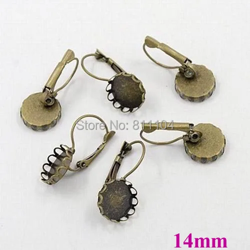 

14mm Antique Bronze Plated Round Bases Lace Bezel Cups French Style Clip Hook Cabochon Settings Earrings Blank Bulk Wholesale