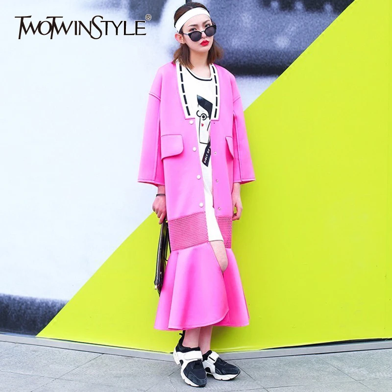 TWOTWINSTYLE Patchwork Mesh Trench Coats Female Fishtail Long Windbreaker Cardigan Women Clothing Space Cotton Fashion|fashion trench coat|trench