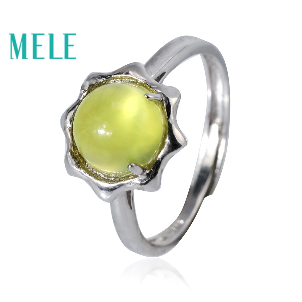 

MELE Natural prehnite 925 sterling silver rings for women and man,flower shape 8mm round cut 2.7ct gemstong jewelry