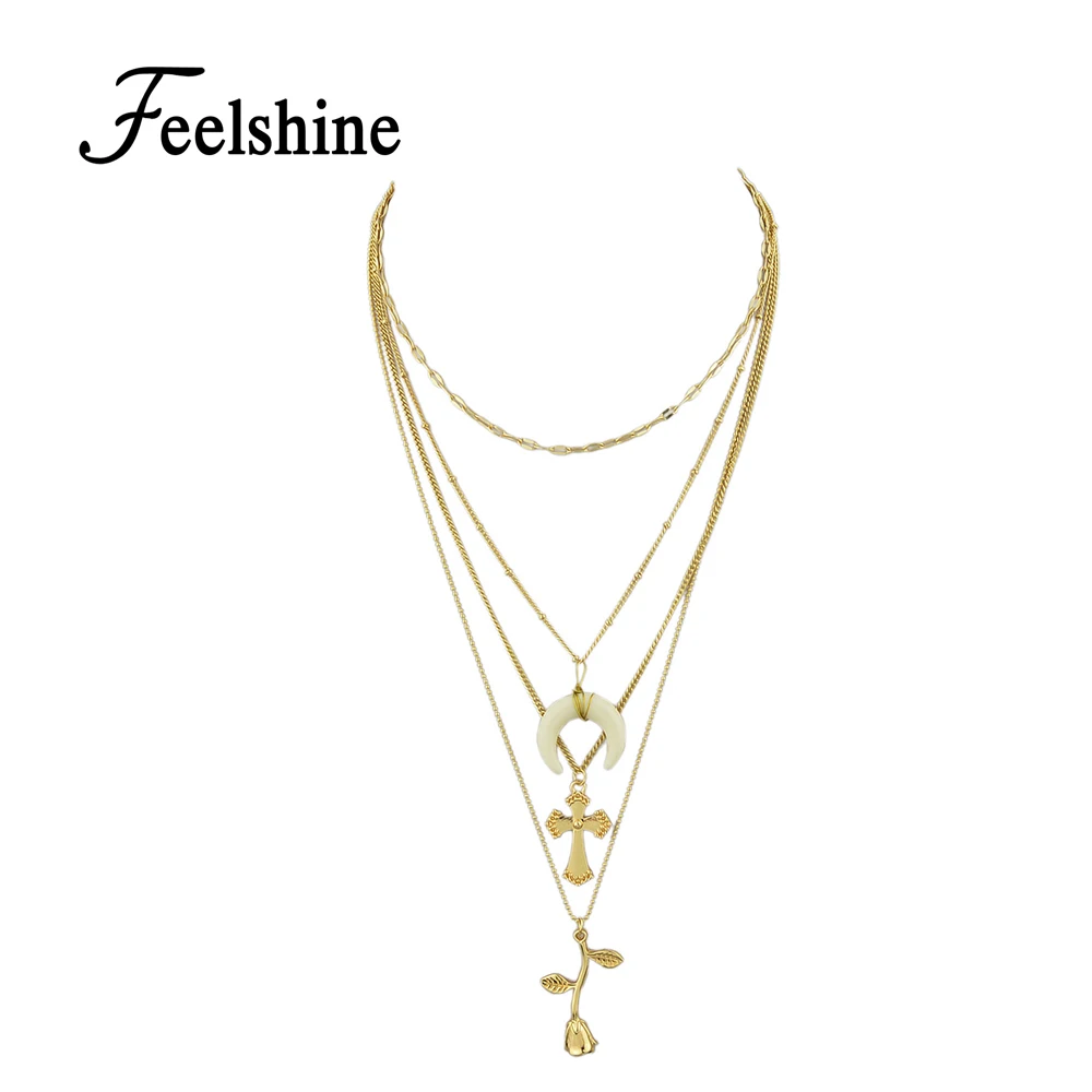 Feelshine Boho Chic ювелирных изделий Цвет Длинные Multi Слои цепь с крест цветок Белый Рог
