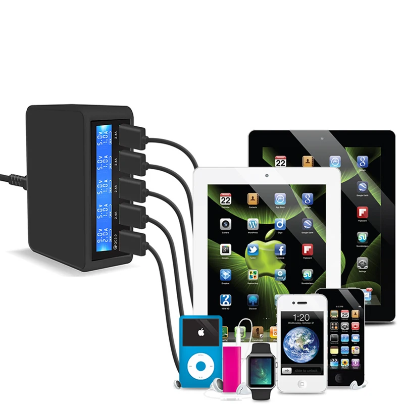 5 портов LCD USB QC 3 0 быстрое зарядное устройство 5V 10A AC 100 240V напряжение тока дисплей