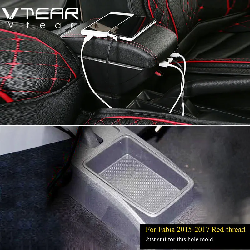 Vtear для Skoda Fabia, автомобильный подлокотник, кожаный подлокотник, usb интерфейс, коробка для хранения, Стайлинг, центральная консоль, аксессуары, украшение 2009 - Название цвета: 2015-2017 Red thread