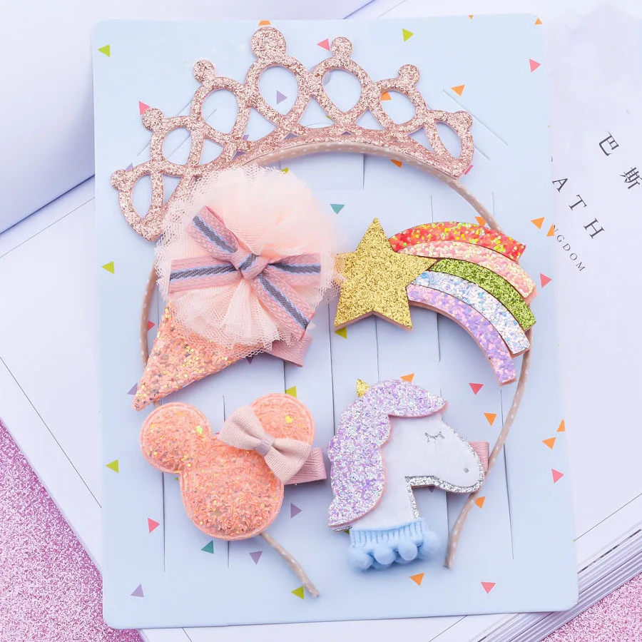 5piece/set Unicorn Hair Accessories Bobby Pins Clips Princess Headband Children Girls Ponytail Holders | Детская одежда и обувь