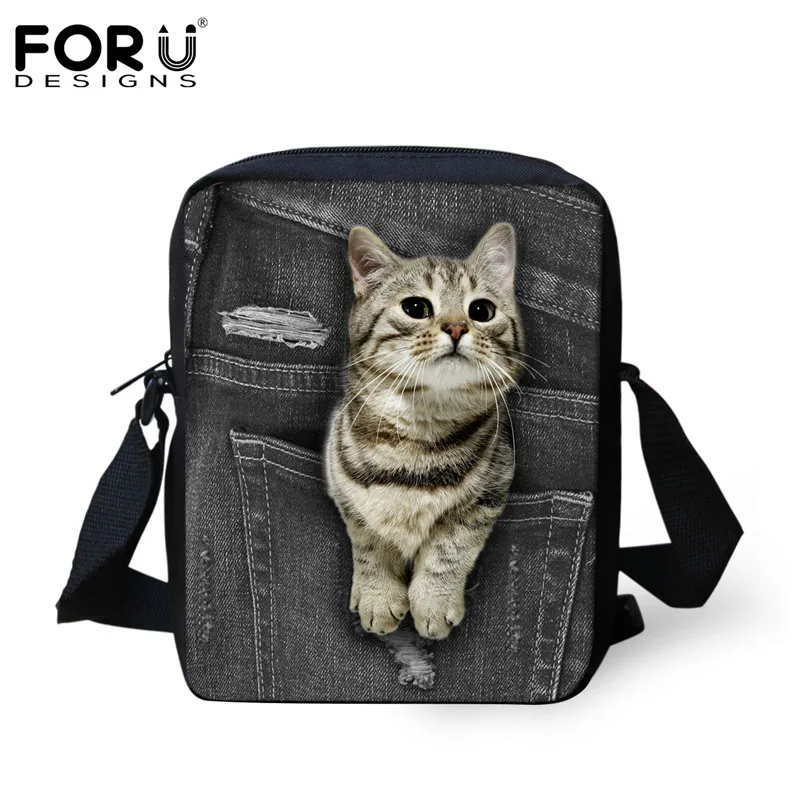 CC3319E FORUDESIGNS/Симпатичные животные кошка Для женщин Курьерские сумки класса люкс маленькая сумка через плечо для дам 3D джинсовый комбинезон с карманами; сумка Feminina - Цвет: CC3319E