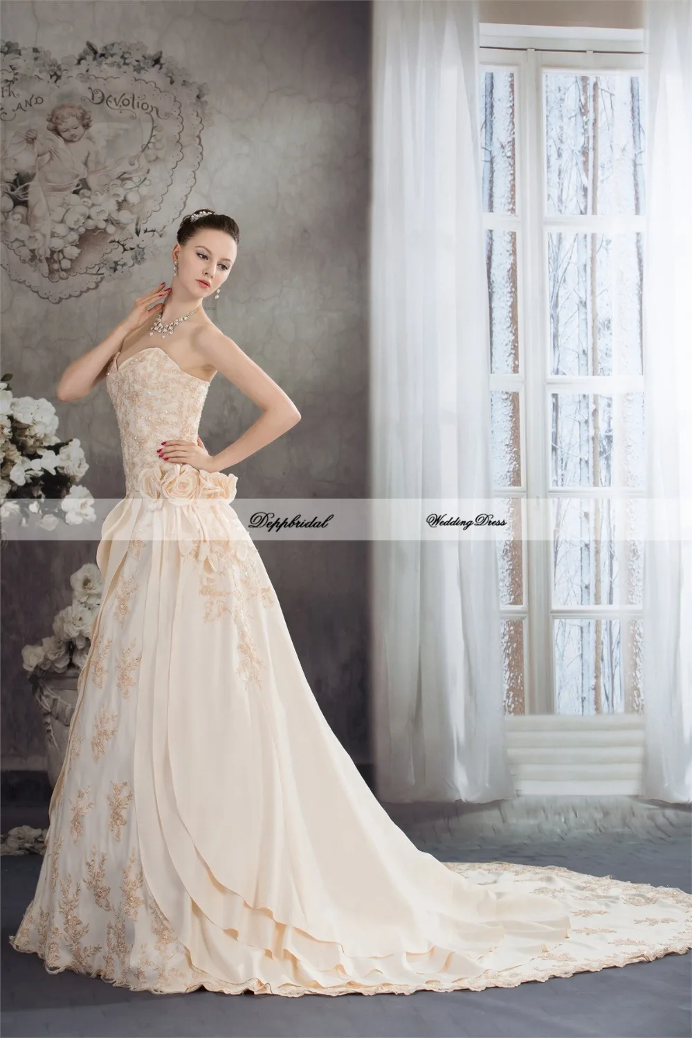 Оптовая продажа свадебное платье линии милая атласная бисероплетение Sequines длина