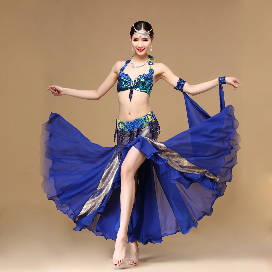 

Роскошные костюмы для танца живота 4 шт. бюстгальтер и пояс юбка рукав набор костюма для танца живота для Для женщин карнавальные Болливуд 34b...