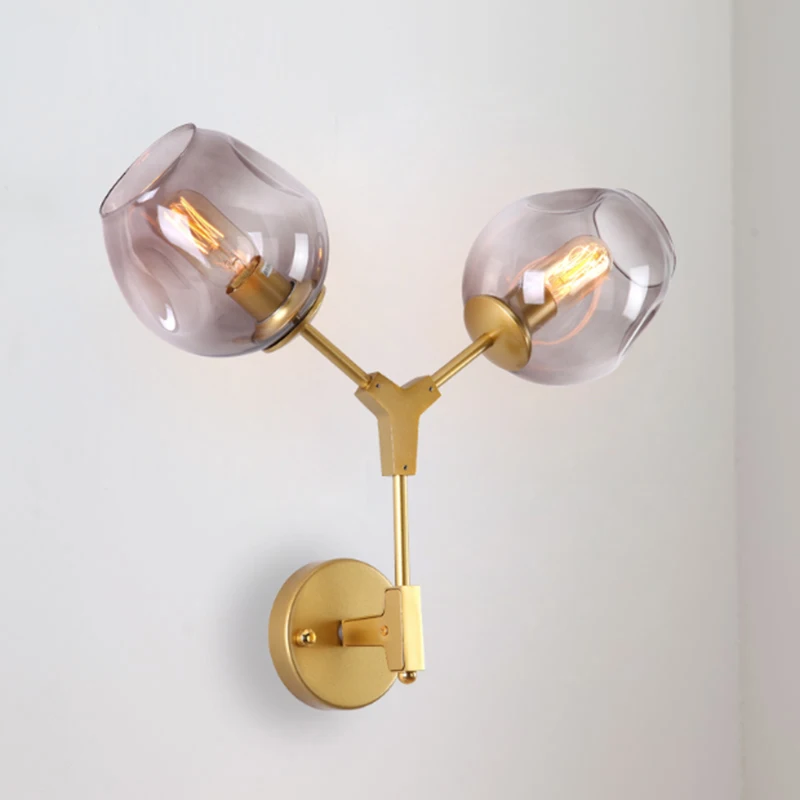 

Modern Simple Double Magic Bean Wall Lamp Nordic Golden Black Metal Amber Glass LED E27 Bedroom Corridor Sconce Lighting Fixture