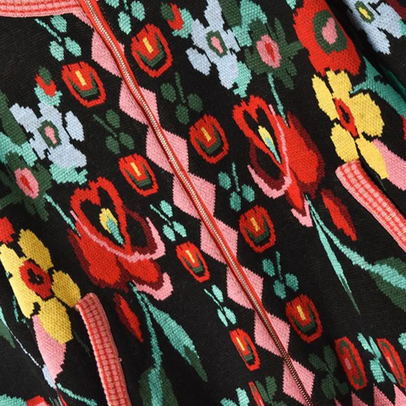 Jacquard Knit Cardigan Sweater 2018 Winter Hit Color Flower Print Long Sleeve Coat Women Zipper Knitted Baseball Jacket |