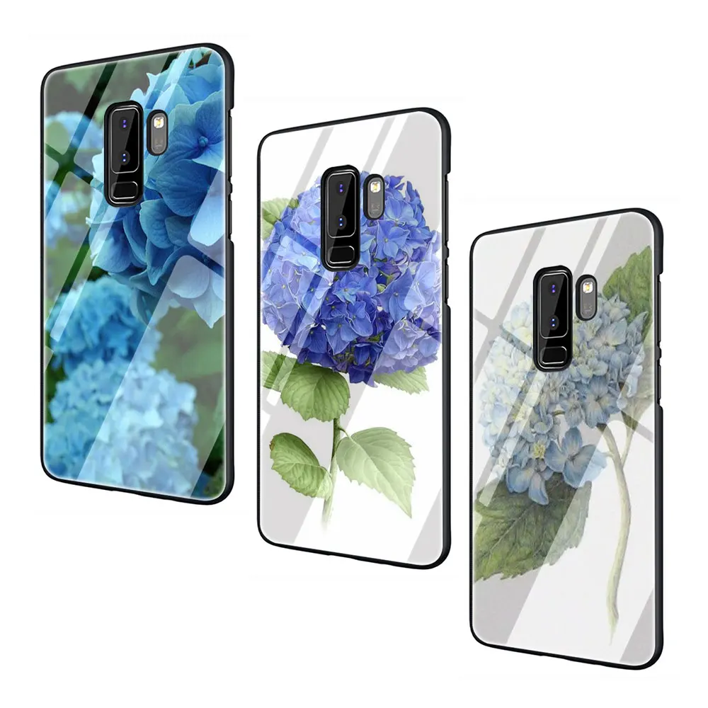 Чехол для телефона Гортензия закаленное стекло синий Galaxy S7 Edge S8 9 10 Plus Note 8 A10 20 30 40 50
