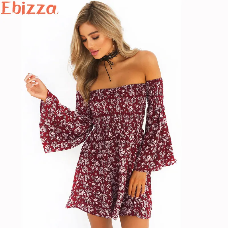 Ebizza цветочный принт Богемия с расклешенными рукавами женское Короткое платье 2018