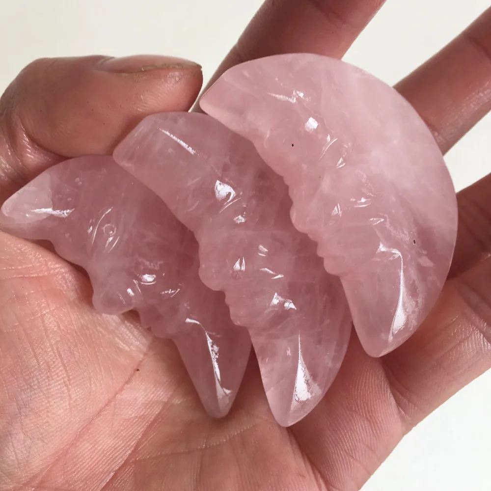 

3pcs Pure hand-carved natural rose crystal moon god Christmas gift meditation reiki gem free shipping