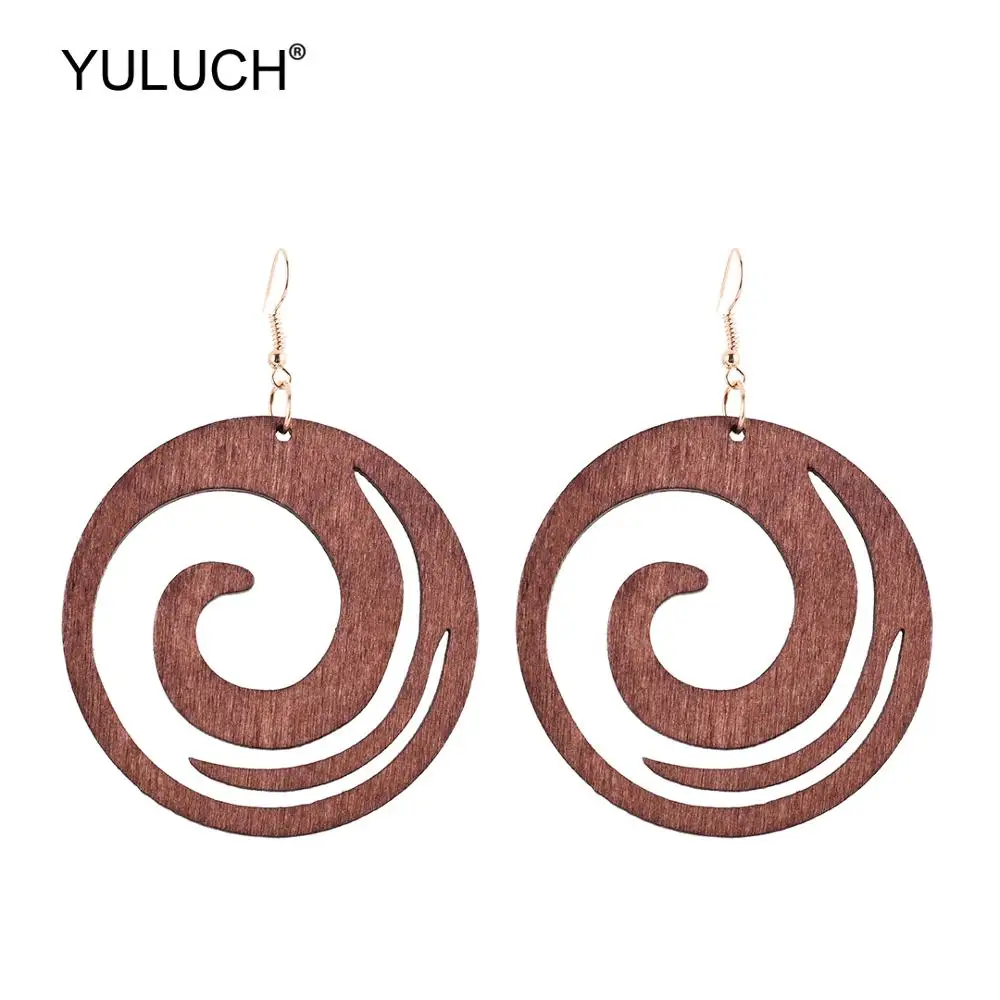 YULUCH Fashion Round Pendant Earrings Ethnic Bohemian Boho Black Green Wooden Hollow Cloud Hanging Earrings For Women Party Gift