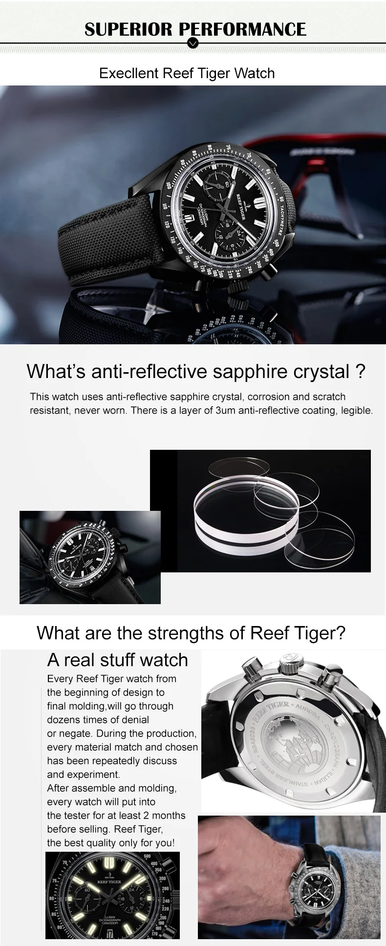 Reef Tiger/RT мужские дизайнерские спортивные часы из телячьей кожи, светящиеся водонепроницаемые часы с хронографом, мужские часы Relogio Masculino+ коробка RGA3033