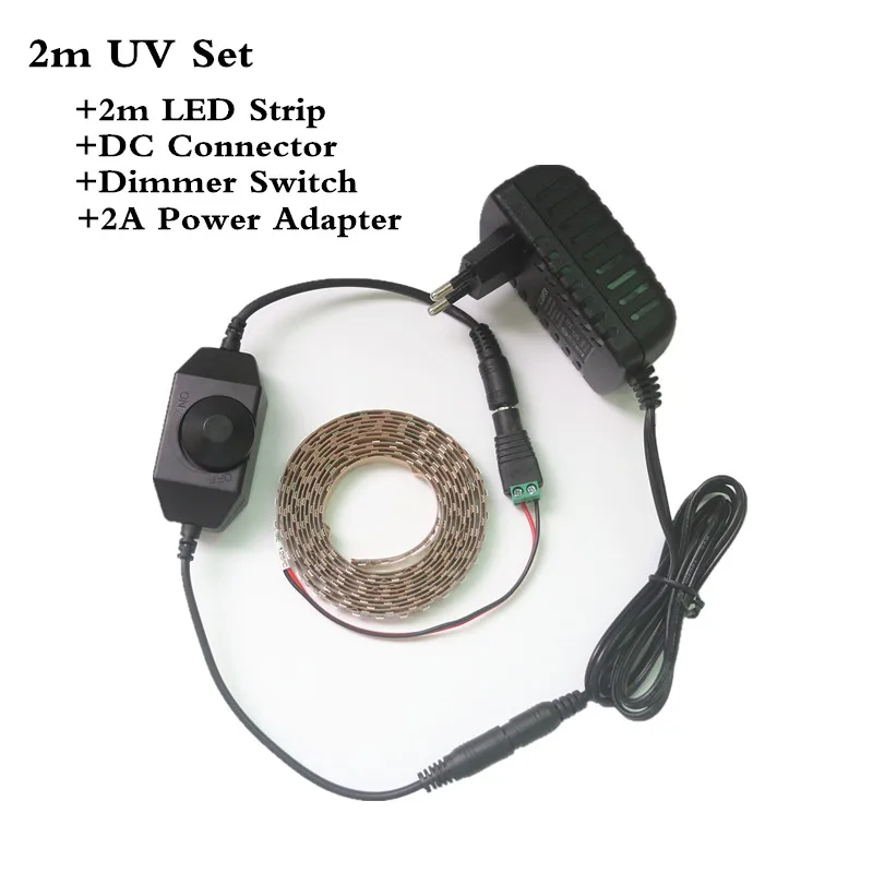 УФ светодиодный светильник 5050 SMD 60 светодиодный s/m 395-405nm ультрафиолетовый луч светодиодный Диодная лента фиолетовая Гибкая лампа+ диммер+ адаптер питания - Испускаемый цвет: 2M Set