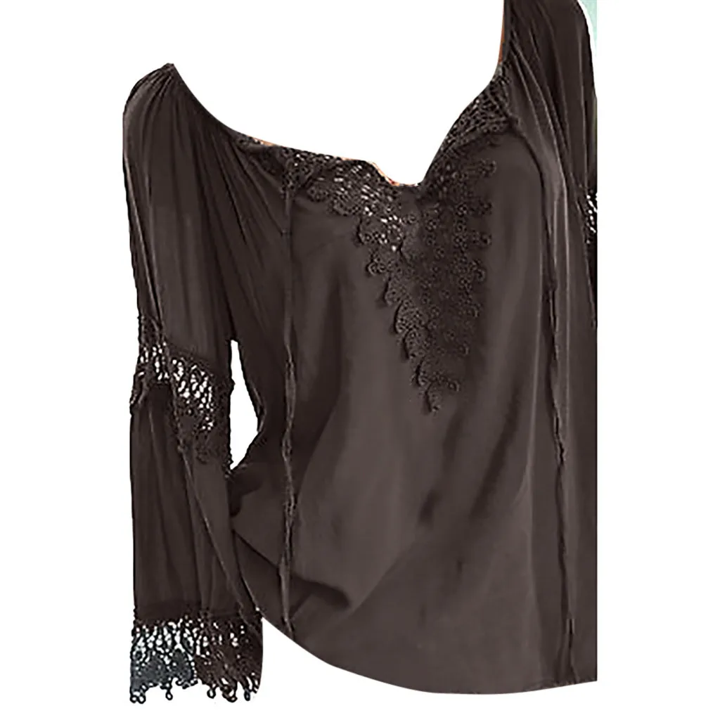 Brown Размера плюс S-5XL Женские топы с открытыми плечами Boho одноцветные женские сексуальные кружевные с длинным рукавом Блузка Топы Свободного Покроя blusas mujer de moda - Цвет: Brown