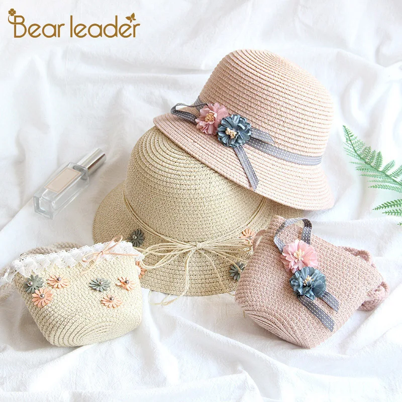 Bear Learder/шляпа для малышей; коллекция года; летняя кепка; дышащие соломенные шляпы; детский солнцезащитный козырек с цветами; Детский милый комплект из однотонных шляп и сумочки для девочек