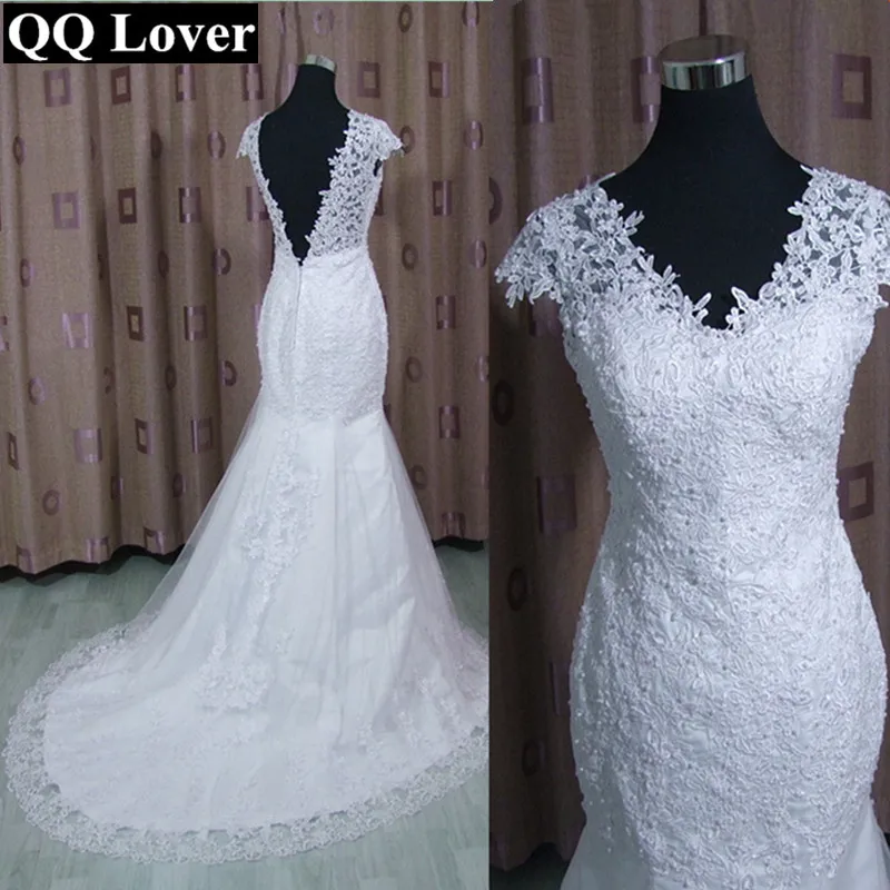 QQ Lover Vestido de noiva белое кружевное свадебное платье русалки с открытой спиной с v-образным вырезом и коротким рукавом свадебное платье невесты платье