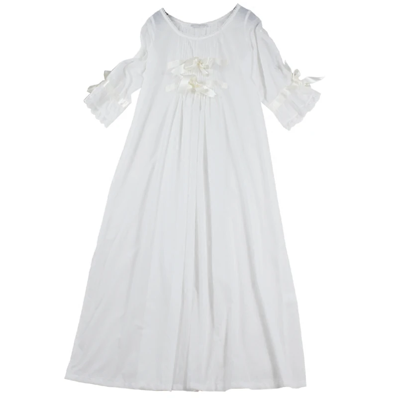 Autumn Summer White Silk Cotton 2- Pics Women's Long Nightgowns Elegant Sweet Princess Royal Loose Plus Size Sleepwear 5589
